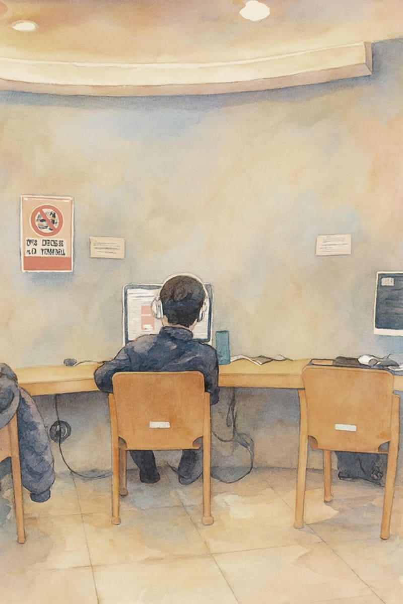 이어폰끼고 작업을 하고 있는 모습